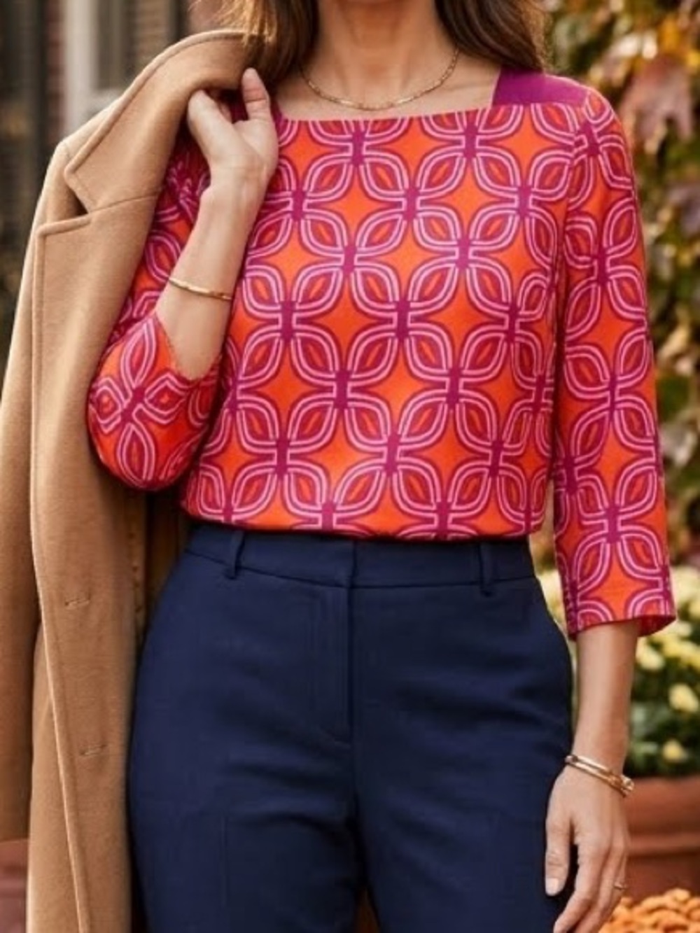 Coldwater Creek Satin Blouse Pink Orange Geometric Graphic Top Fall XL